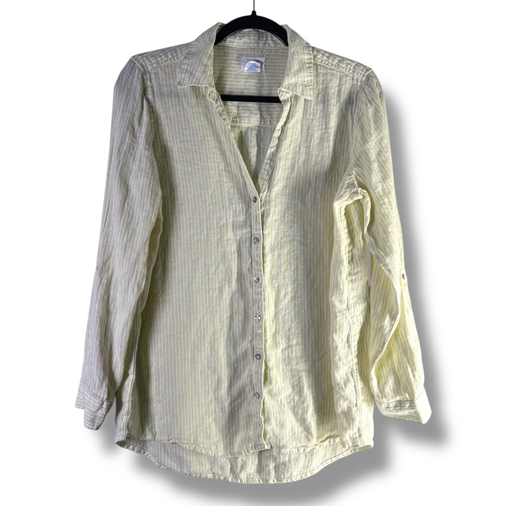Sigrid Olsen Womens Sz Small Linen Striped Button Down Shirt Yellow White Beach